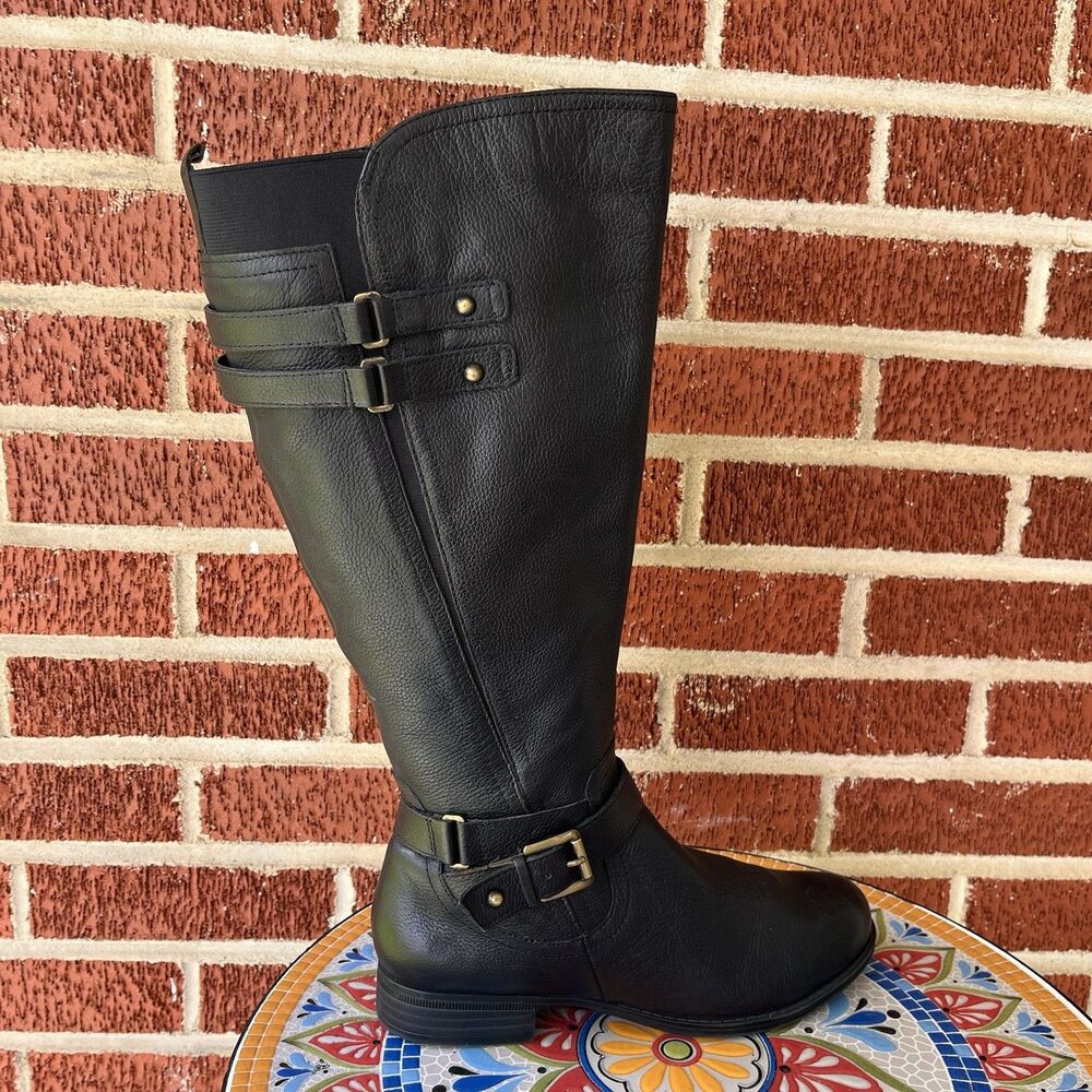 Naturalizer Jackie Womens 7 Wide Black Leather Wide Calf Buckles Riding Boots